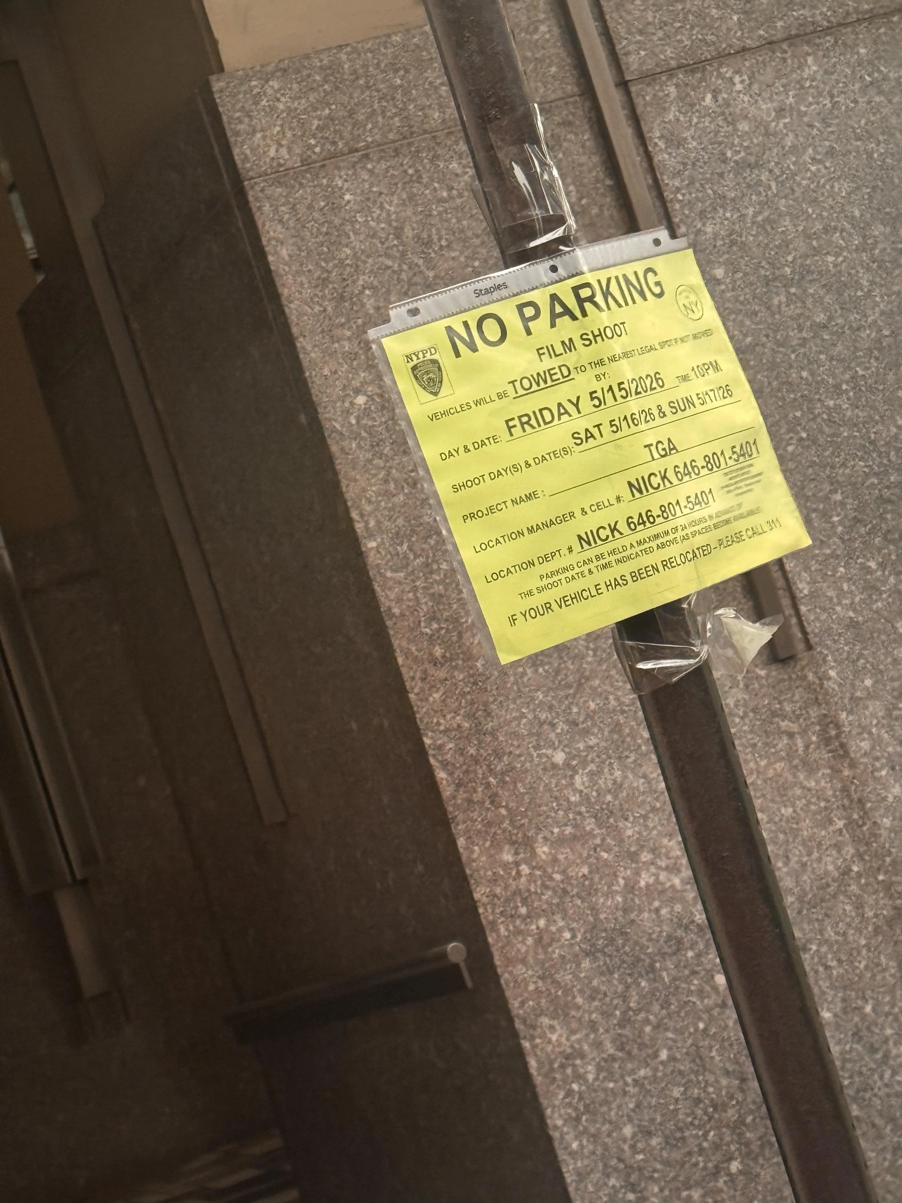 Official NYC film shoot parking notice for TGA (The Gilded Age) at 55 Water Street, May 2026