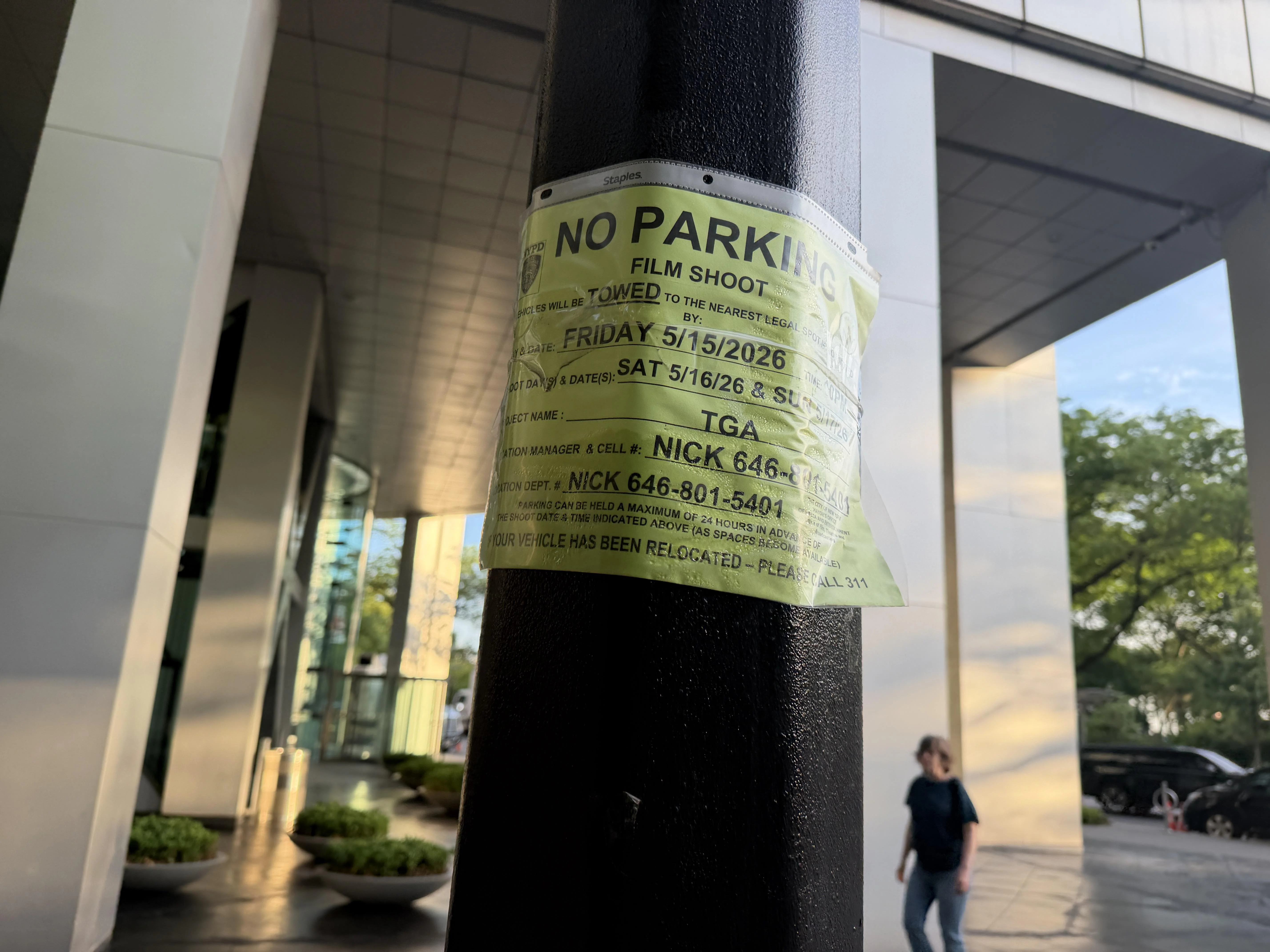 Official NYC film shoot parking notice for TGA (The Gilded Age) near the Staten Island Ferry Terminal and Whitehall St subway, May 2026